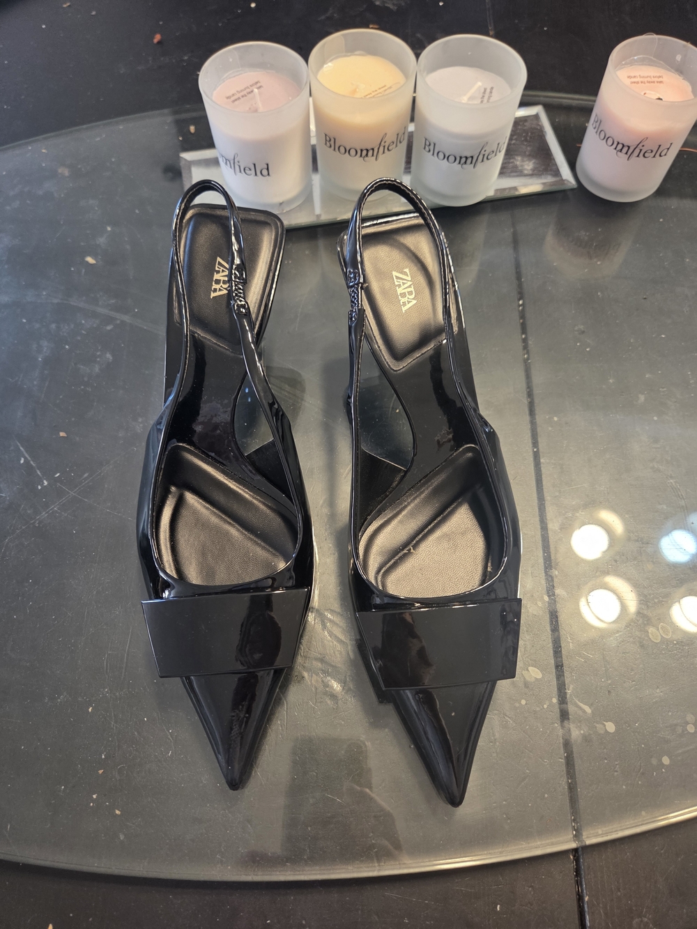 Zara Black Patent Pointed Slingback Mules with Wide Strap
